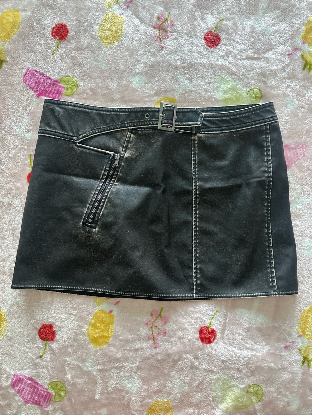 Divided Black Faux Leather Mini Skirt with Belt Detail